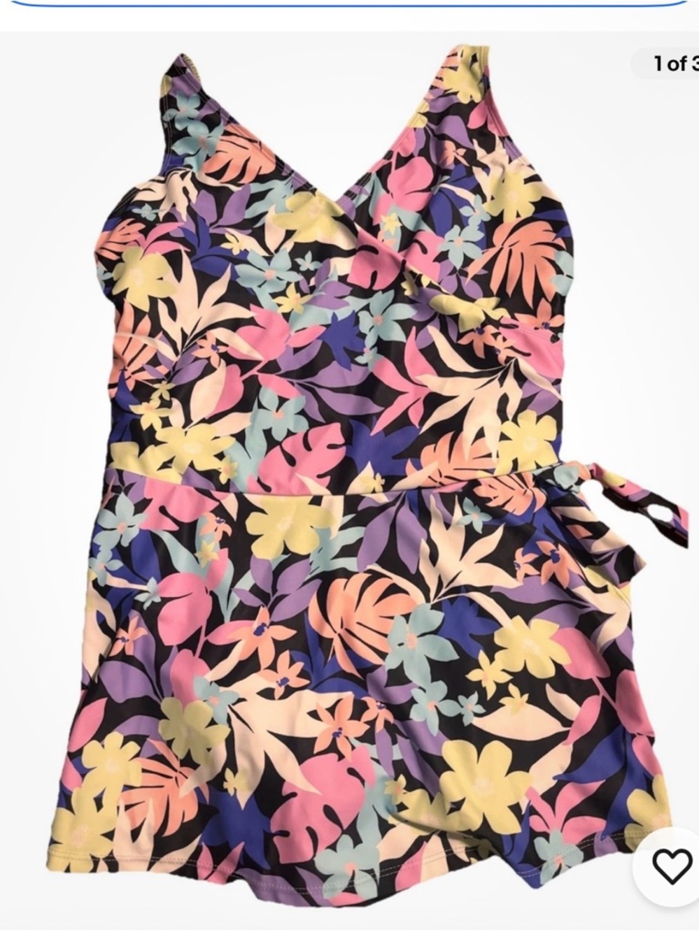 Decree Floral Wrap One-Piece Swimsuit in Black with Pink, Yellow, Purple